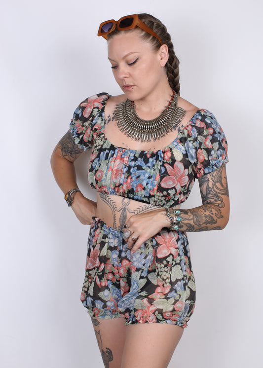 S/M - Dark Floral Ruffle Baby Crop