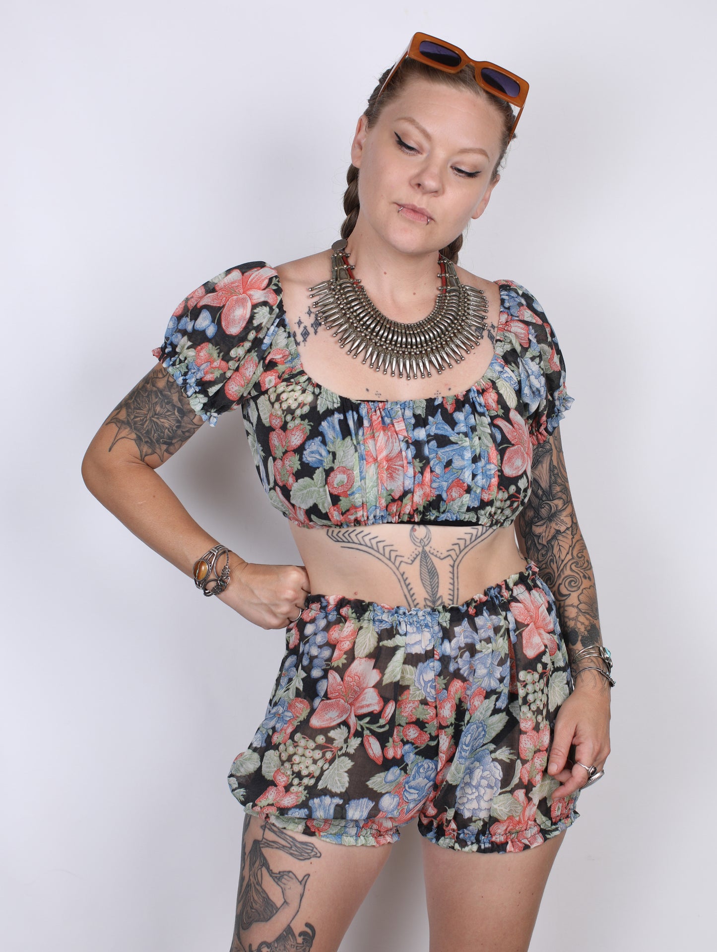 S/M - Dark Floral Ruffle Baby Crop