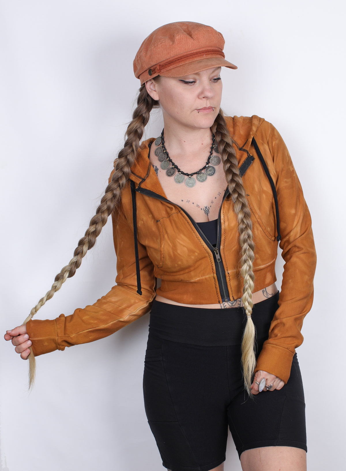 Orange Bamboo Fleece Crop Hoodie