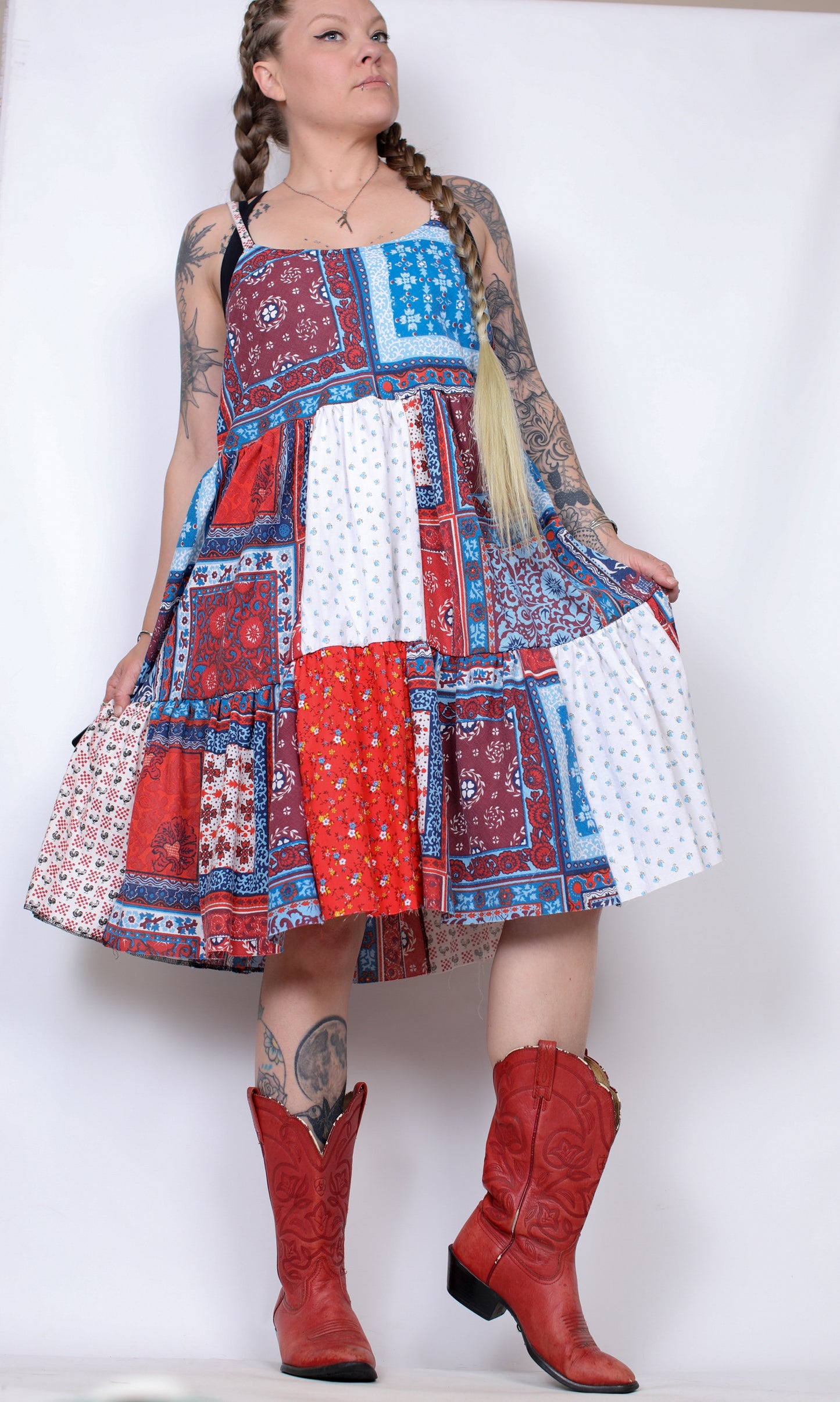 L - Reds and Blues Ruffle Dress
