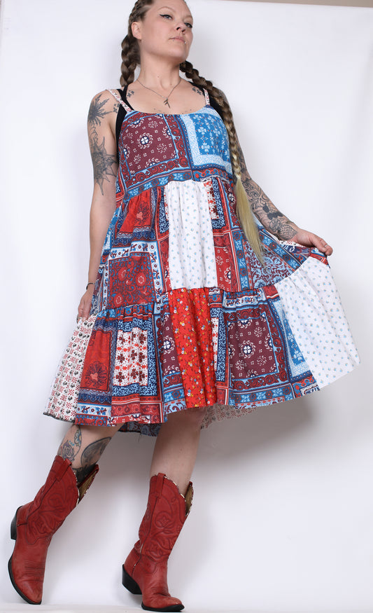 L - Reds and Blues Ruffle Dress