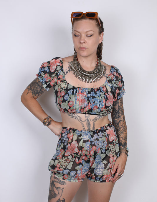 S/M - Dark Floral Ruffle Baby Crop
