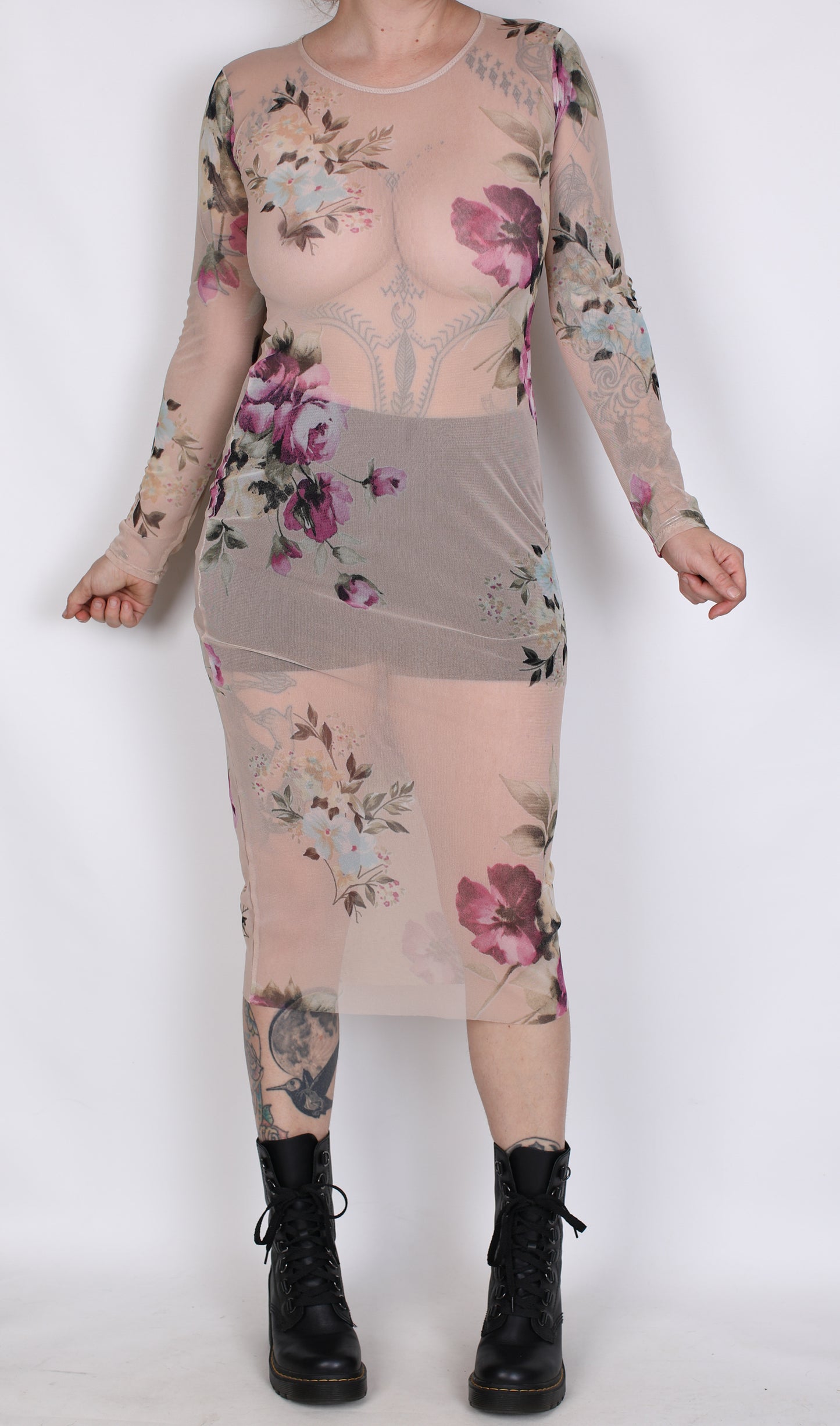 Nude Floral Mesh Dress