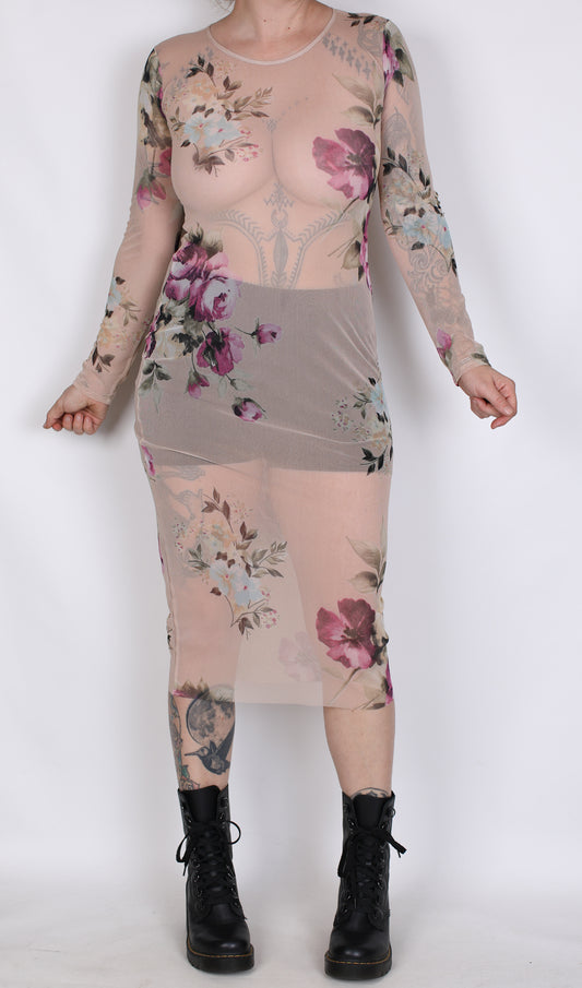 Nude Floral Mesh Dress